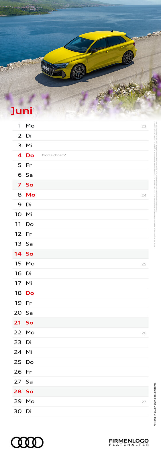 Audi Streifenkalender 2026, ohne Firmenlogo – Bild 8