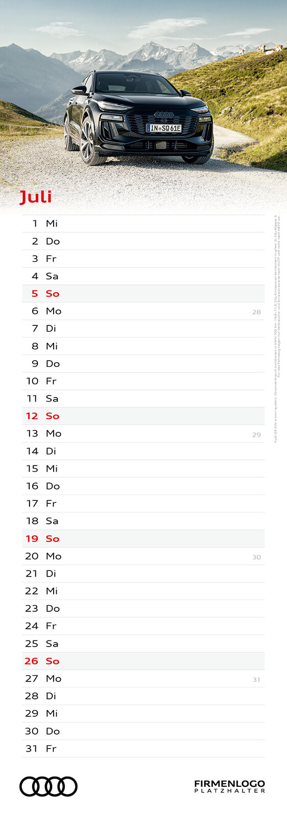 Audi Streifenkalender 2026, ohne Firmenlogo – Bild 9